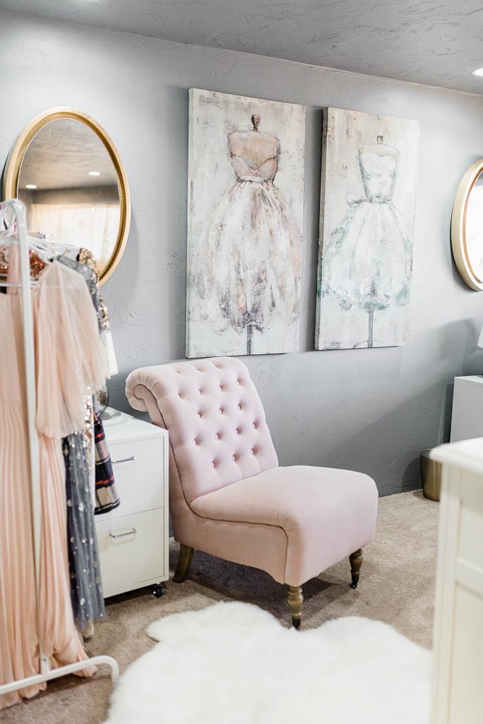 pink chair in a sewing room