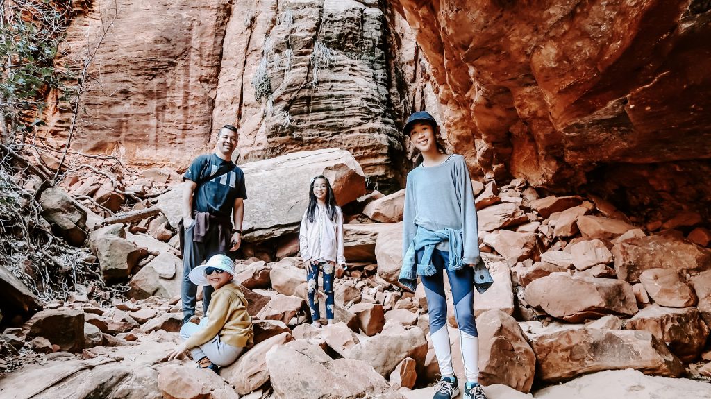 family hiking at zion