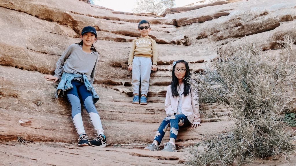 3 kids enjoying hike at zion