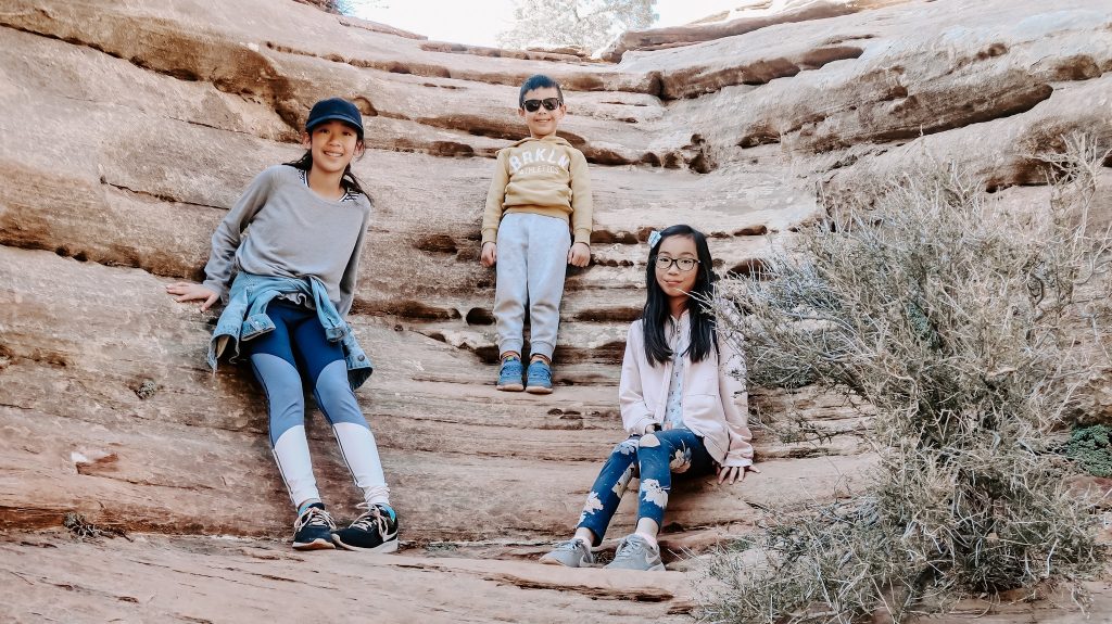 3 kids enjoying hike at zion